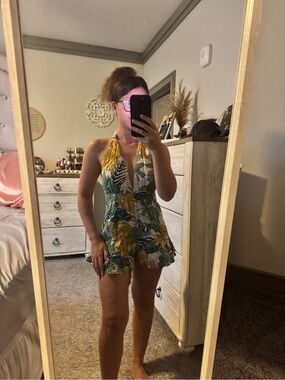 American Threads Green & Yellow Tropical Halter Romper